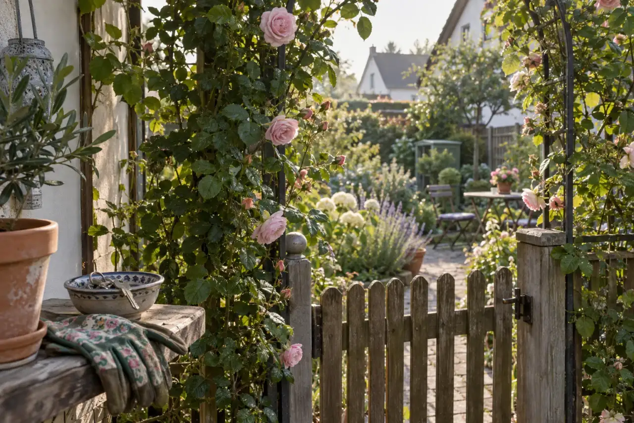Morgendliches Licht liegt auf feuchten Rosenblättern am Gartentor.