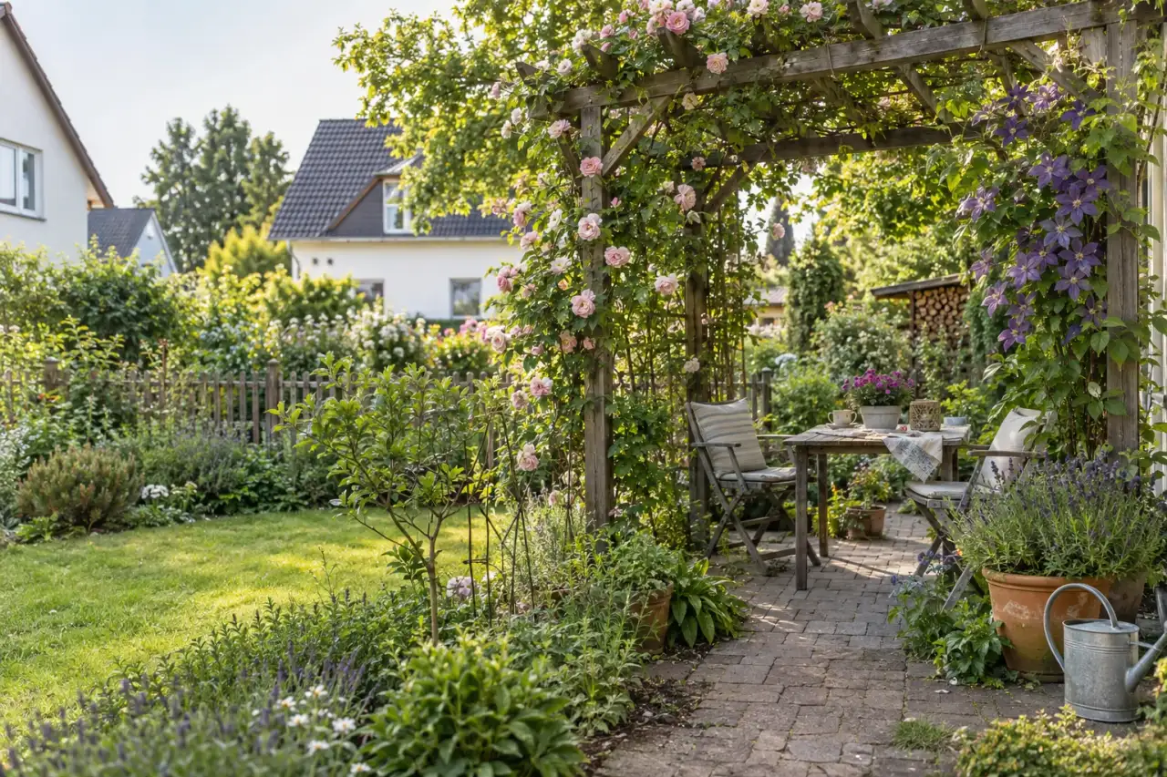Begrünte Holzpergola mit Sitzplatz und blühenden Kletterpflanzen im Hausgarten.