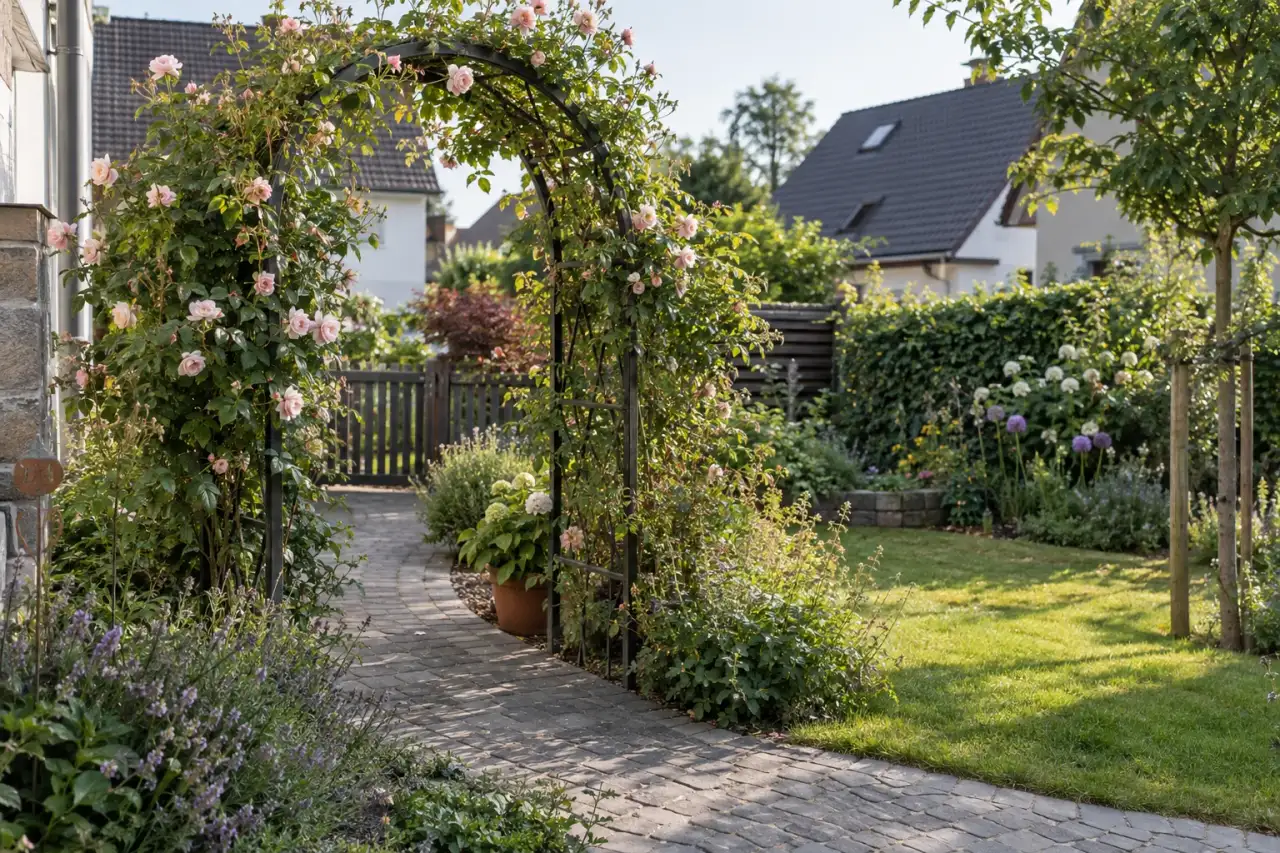 Blühender Rosenbogen bildet ein freundliches Entrée über einem Gartenweg.