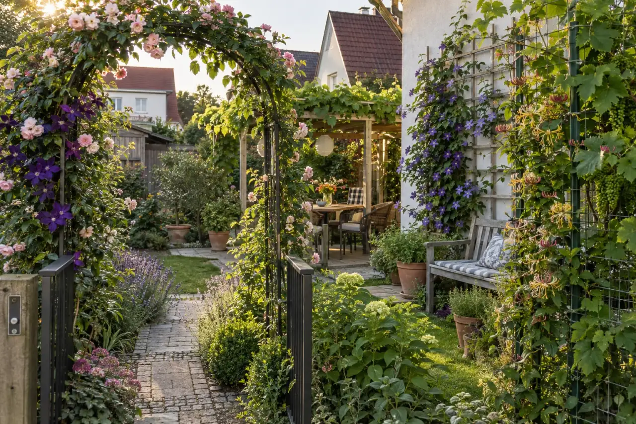 Eine reale Gartenszene mit Rosenbogen, Pergola, Weg, Rankwand, Seilen und Sitzbank.