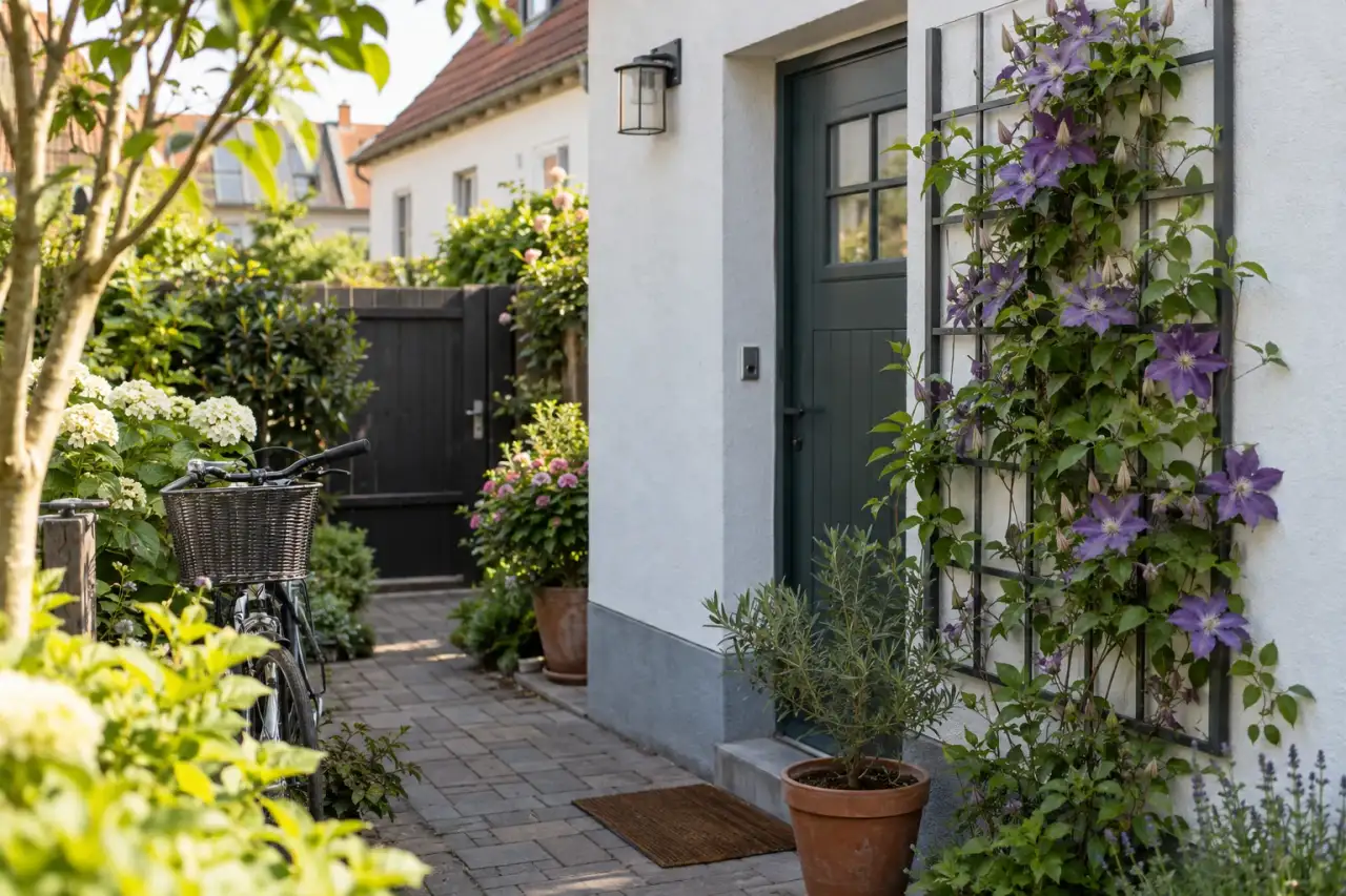 Kompakte Wandbegrünung mit Clematis neben einem Hauseingang.