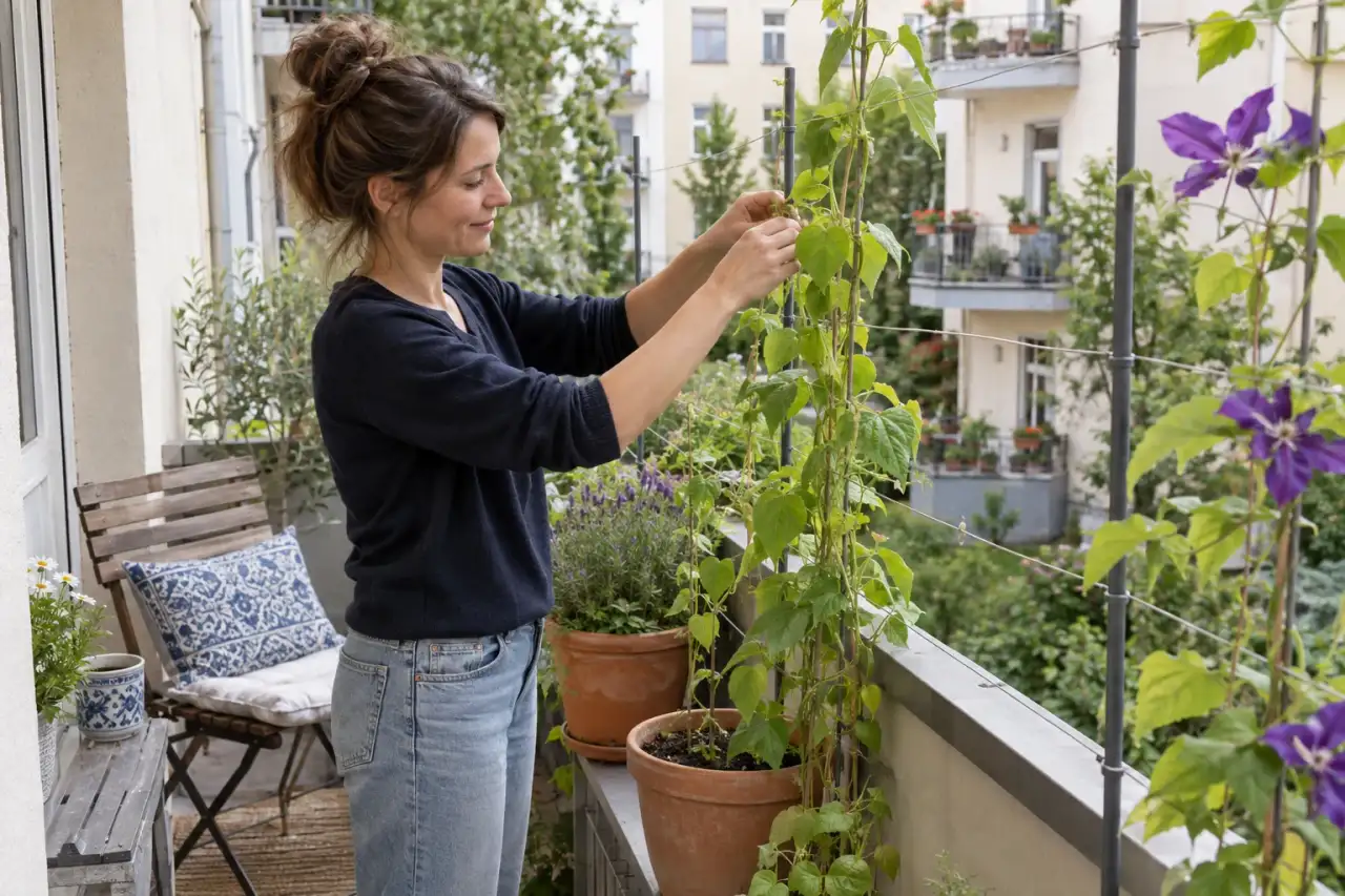 Leichtes Seil- und Stabsystem mit Kletterpflanzen auf einer kleinen Terrasse.