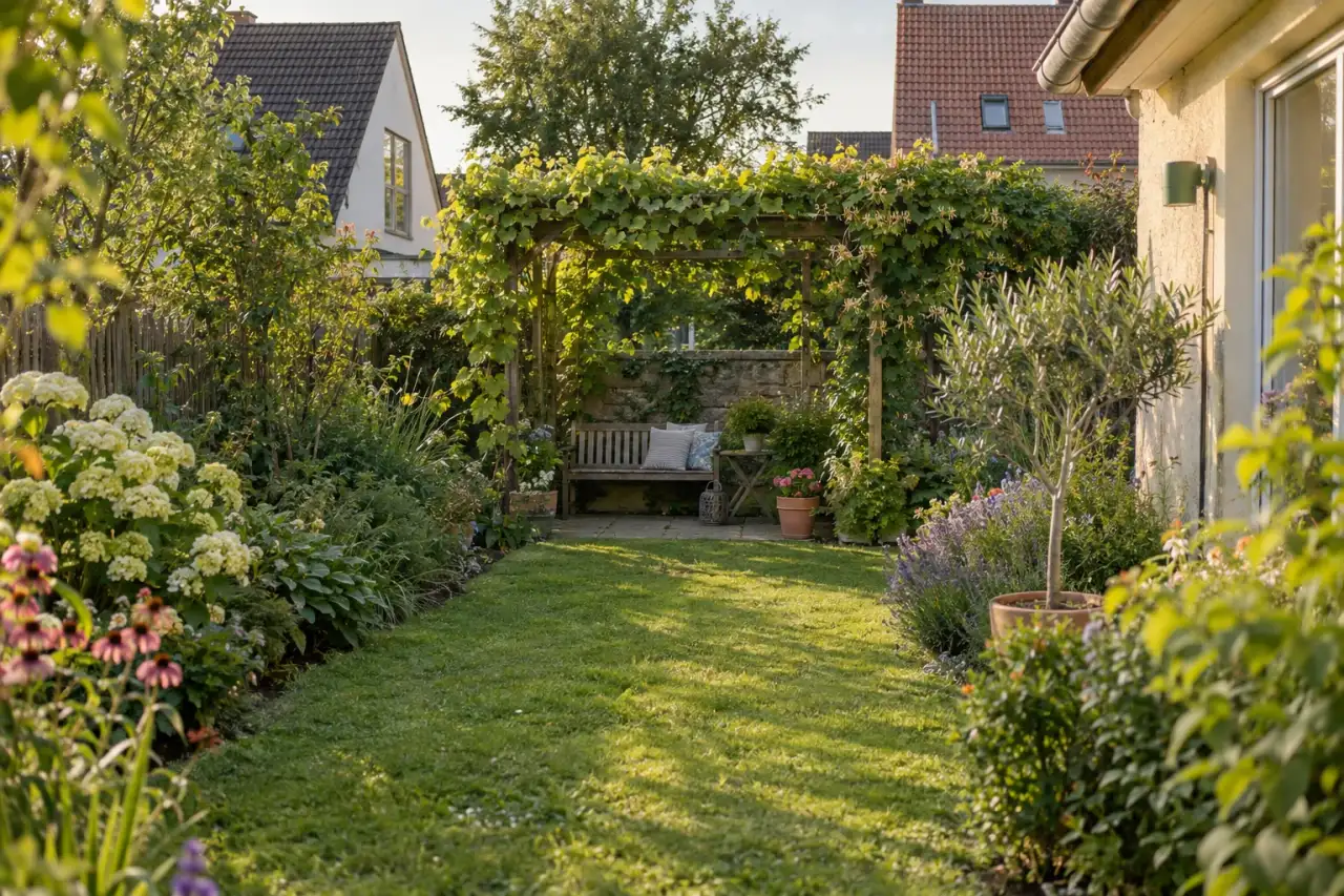 Pergola als entferntes grünes Ziel am Ende eines kleinen Rasens.