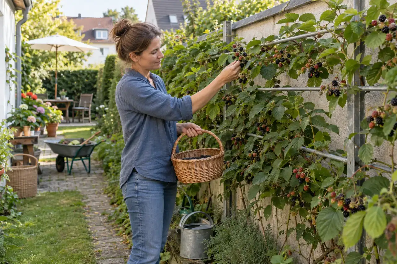 Brombeerruten an einer horizontal geführten Rankhilfe entlang einer Gartenwand.