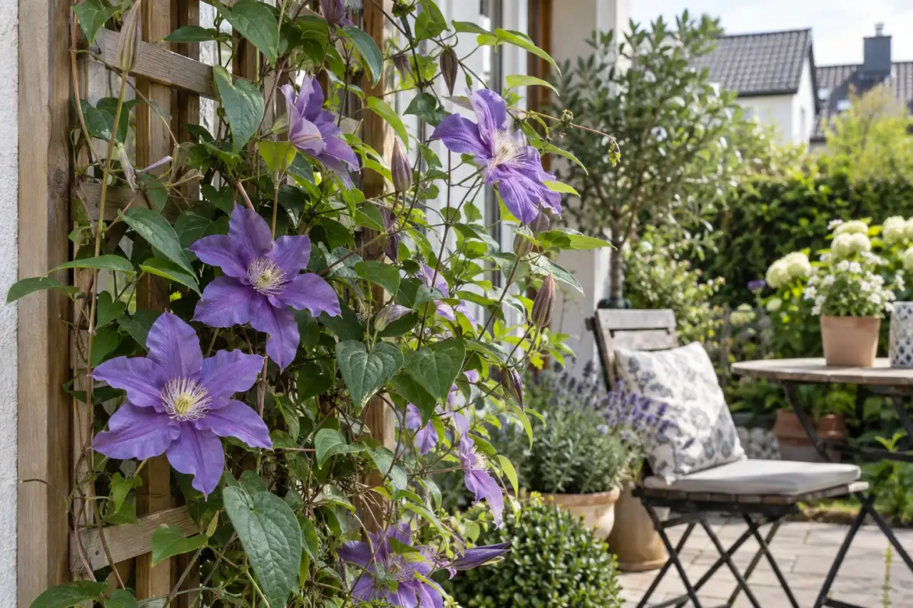 Clematis mit feinen Ranken an einem schmalen Holzrankgitter.