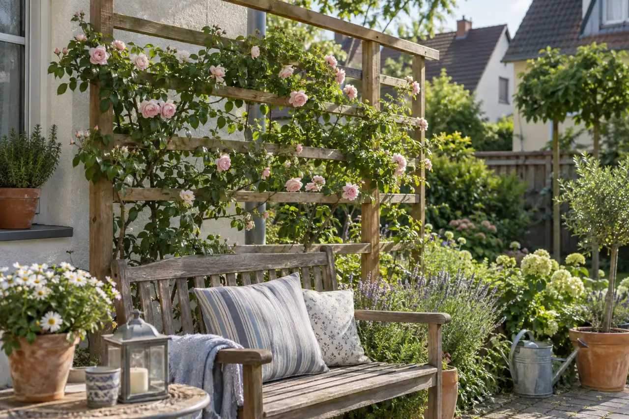 Kletterrose mit horizontal geführten Trieben an einem stabilen Rankgitter.