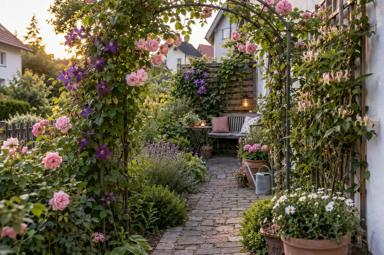 Rosenbogen, Rankwand und Sitzplatz verbinden sich zu einem grünen Gartenraum.
