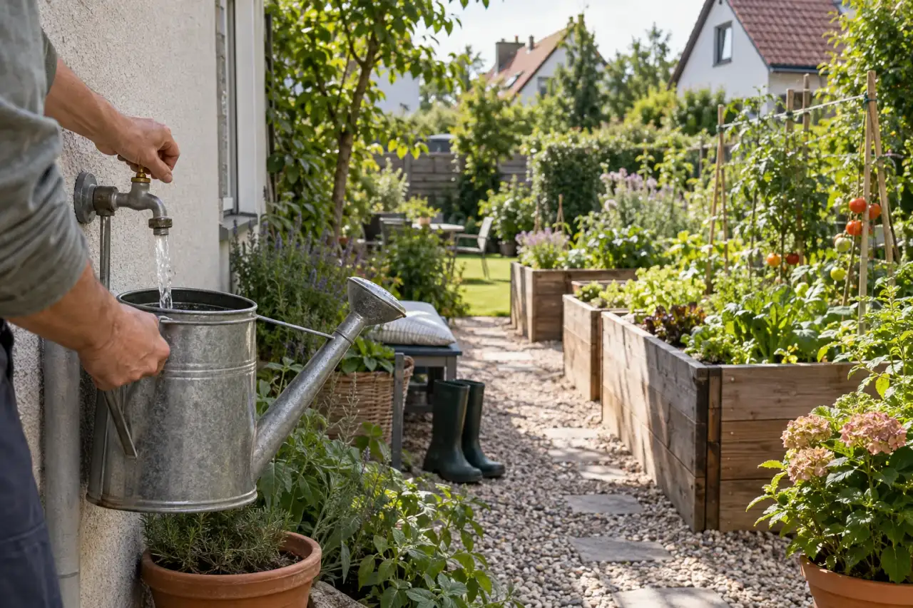 Gießkanne wird am Wasserhahn neben gut erreichbaren Hochbeeten gefüllt.
