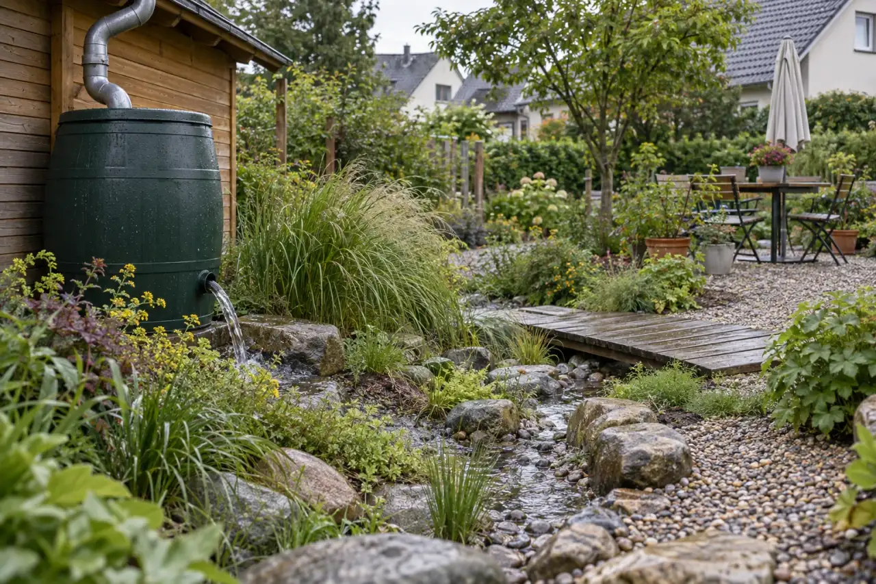 Regentonne und bepflanzter Überlauf bilden eine lesbare Gartenfolge.