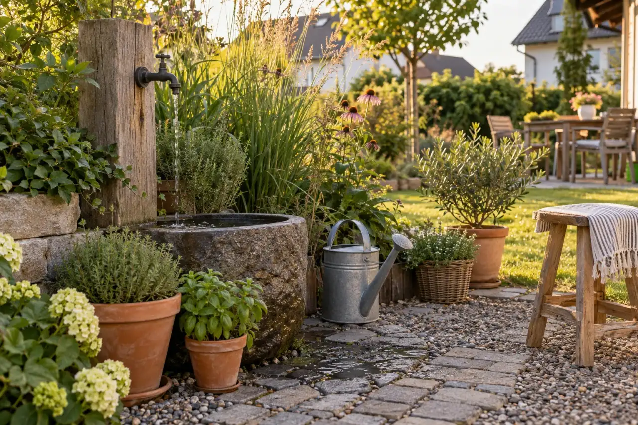 Abgerundeter Wasserplatz mit Holz, Stein, Kräutern, Gräsern und Hocker.