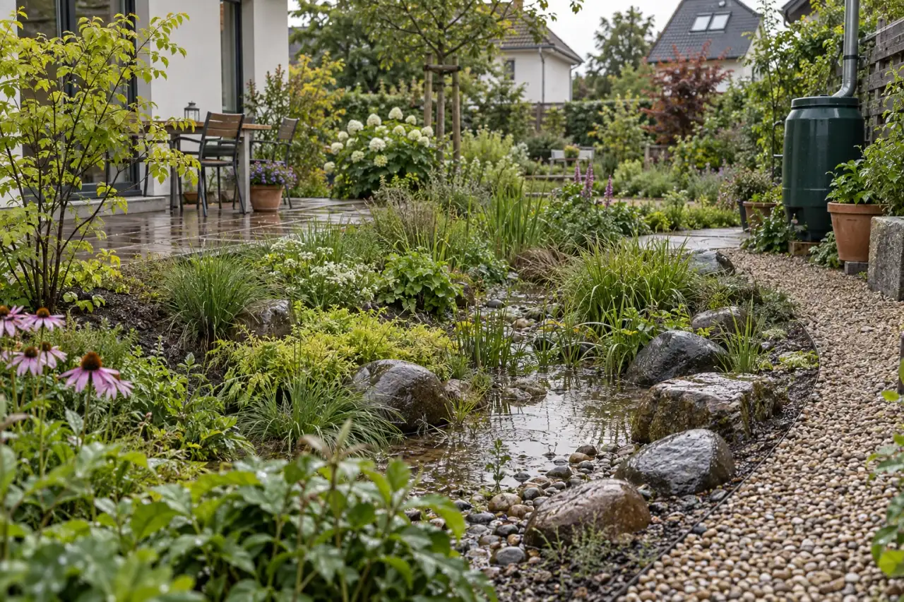 Feuchte bepflanzte Mulde mit Steinen und Gräsern nach Regen.