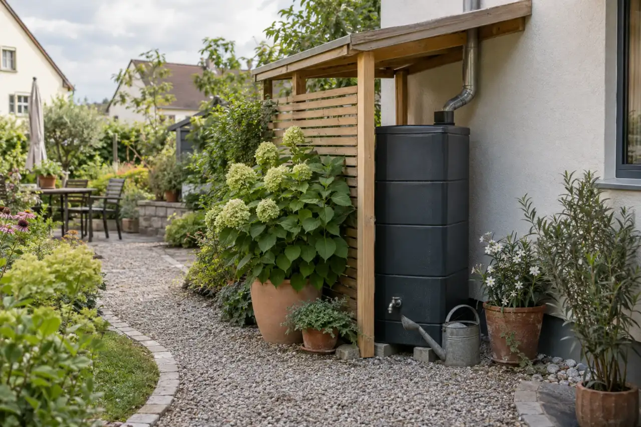 Ruhige Hausecke mit Sammelgefäß, Holzscreen und großem Kübel.