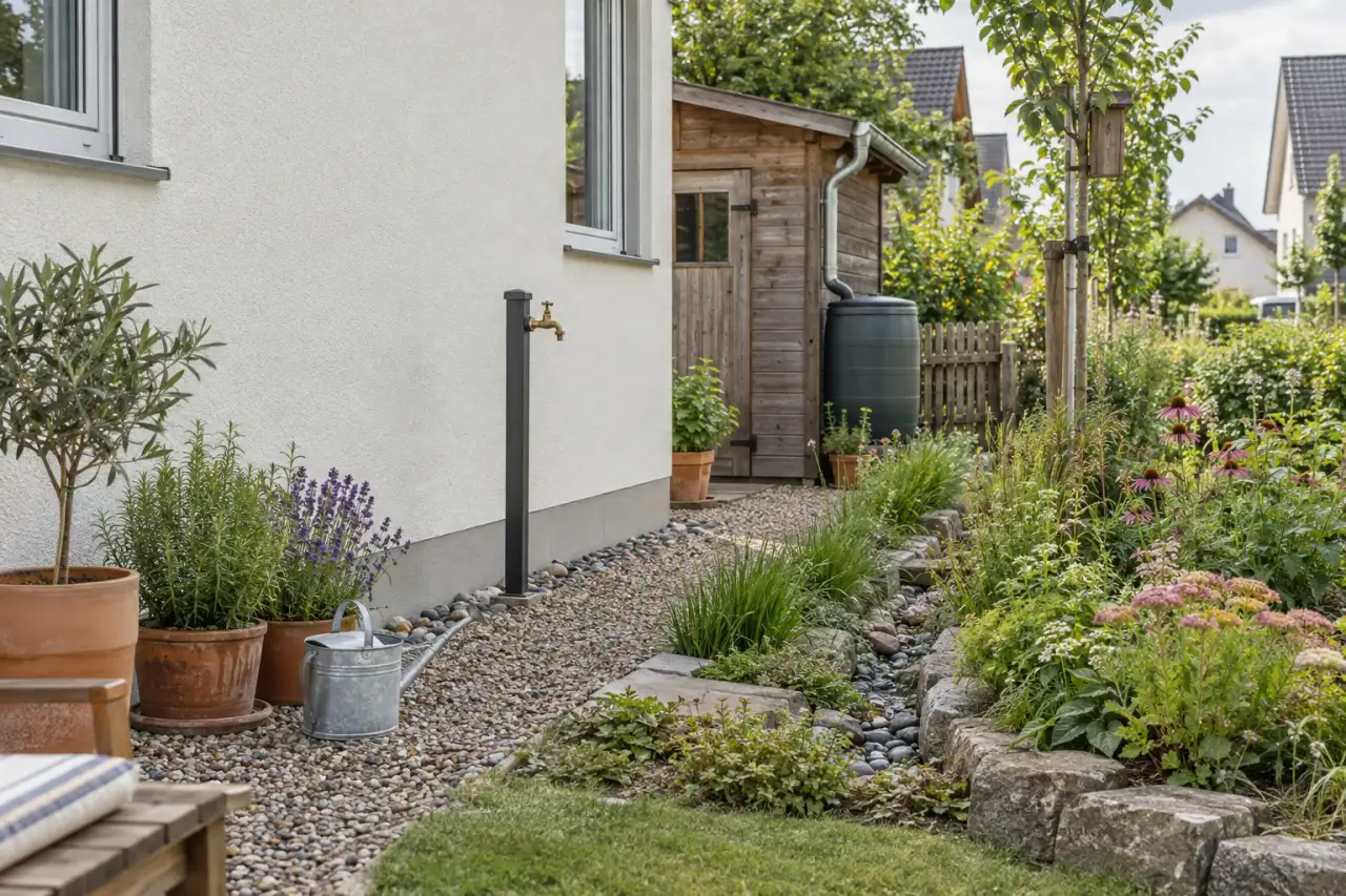Gestaltete Wasserstelle mit Regentonne, Zapfhahn und bepflanztem Regenweg im Garten.