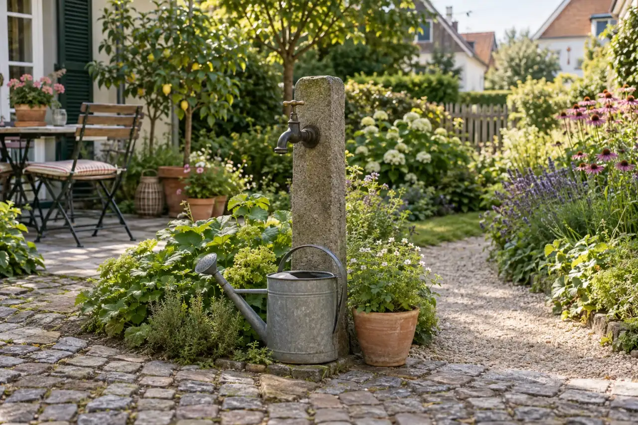 Gartenhahn auf kleinem Steinsockel an einer Wegkreuzung.
