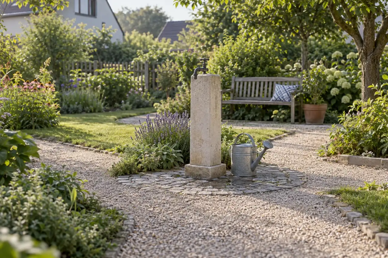 Markante freistehende Zapfsäule als Mittelpunkt eines Gartenwegs.