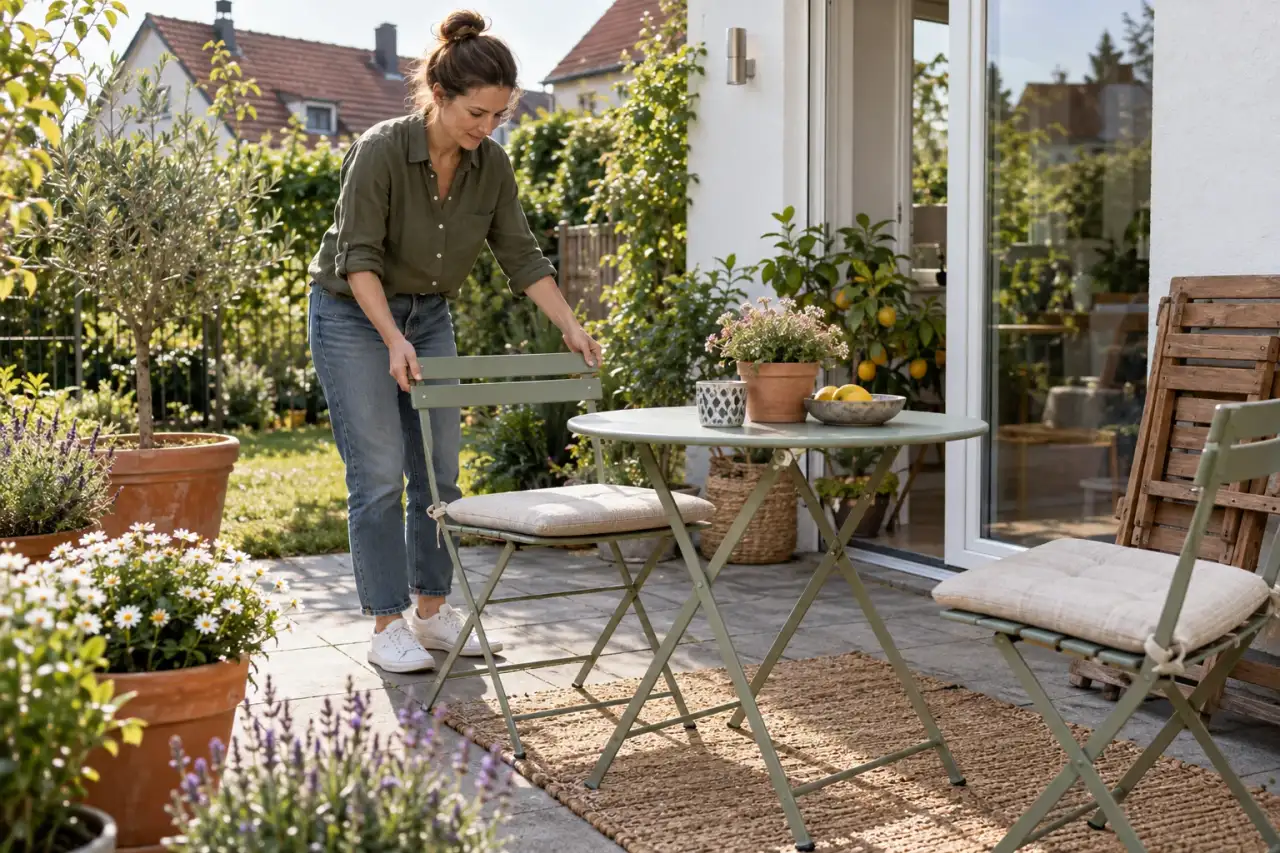 Sitzmöbel und Pflanzgefäße werden als Raumfolge im Reihenhausgarten angeordnet.
