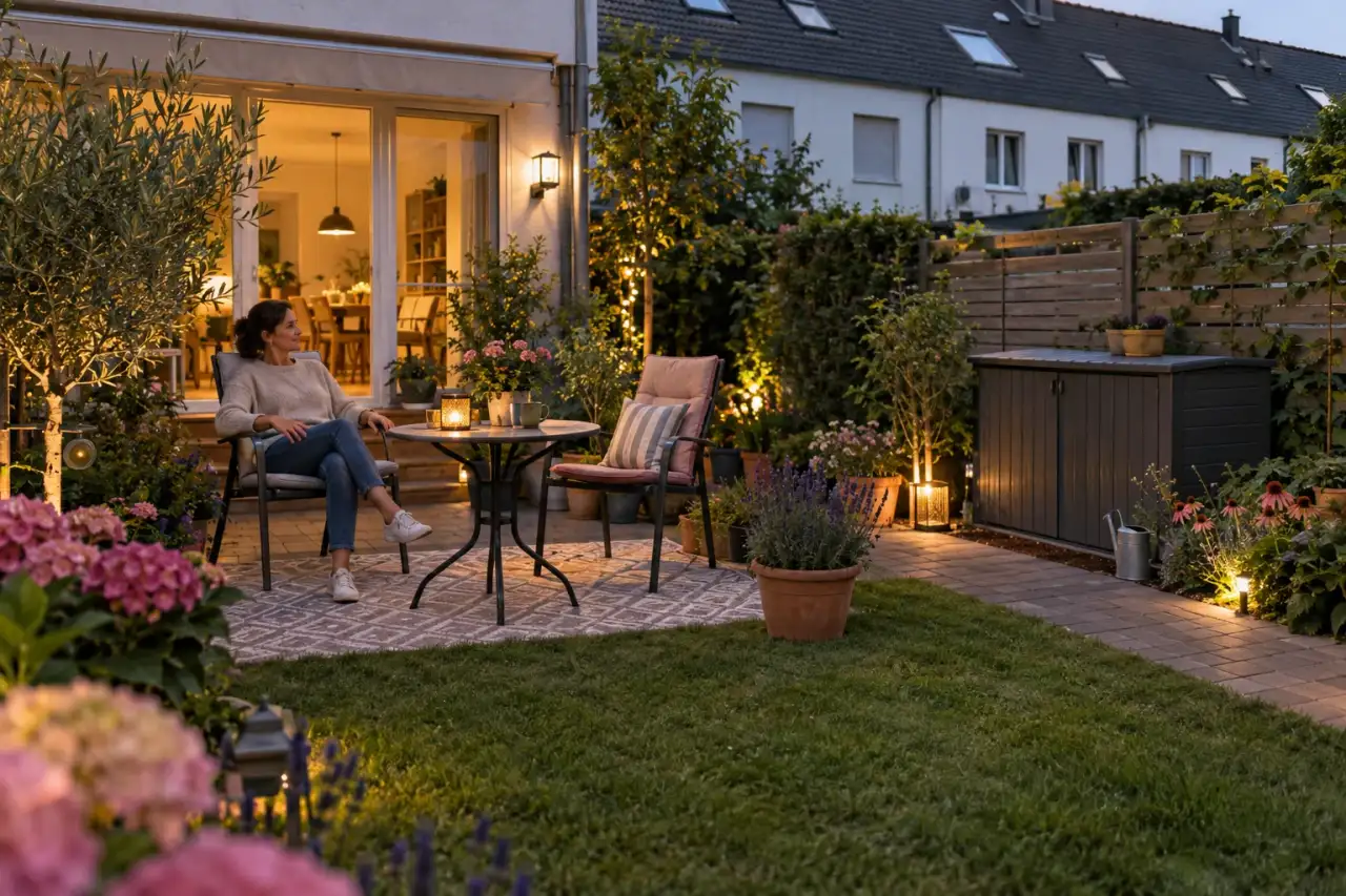 Ein Sitzplatz wird im fertigen Garten auf Alltagstauglichkeit geprüft.