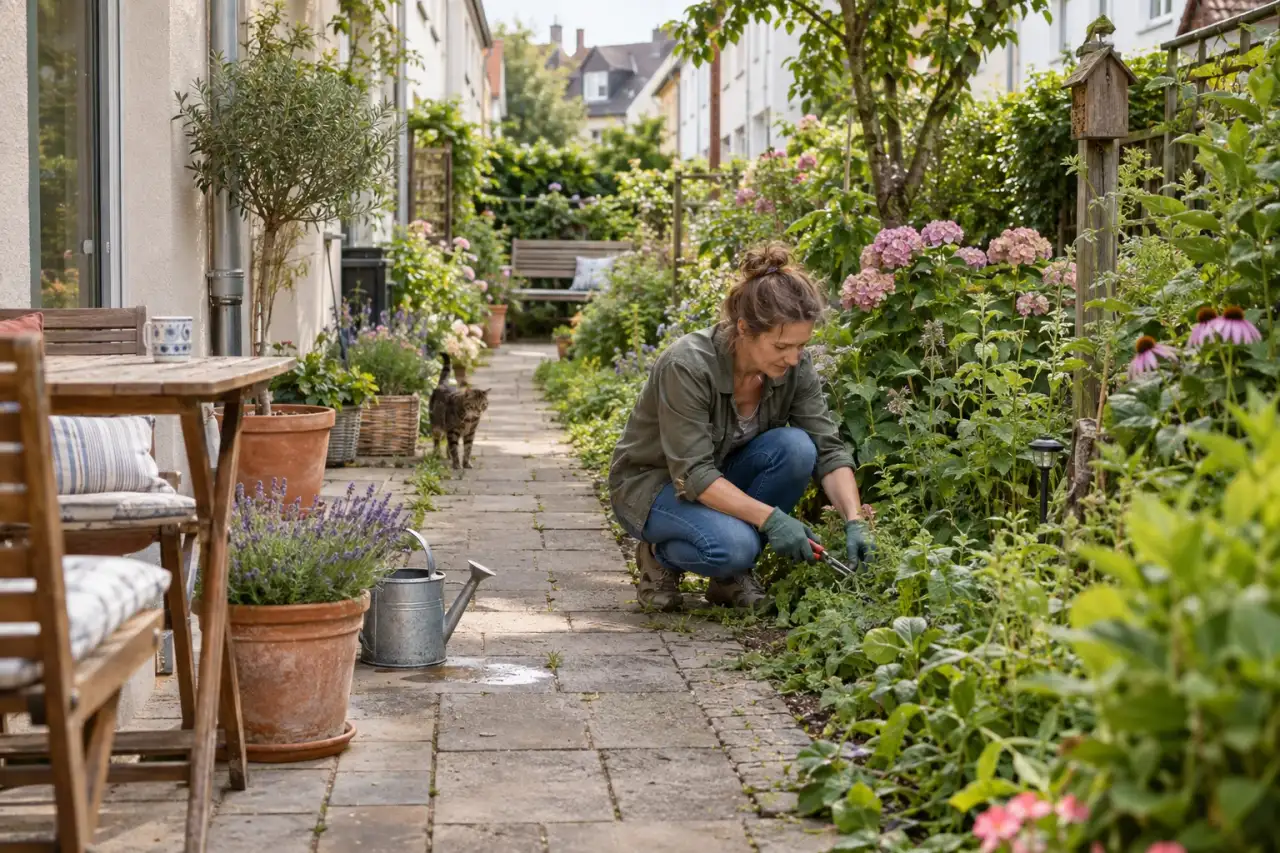 Ein durchgehender Gartenweg verbindet Terrasse, Beete und hinteren Sitzplatz.
