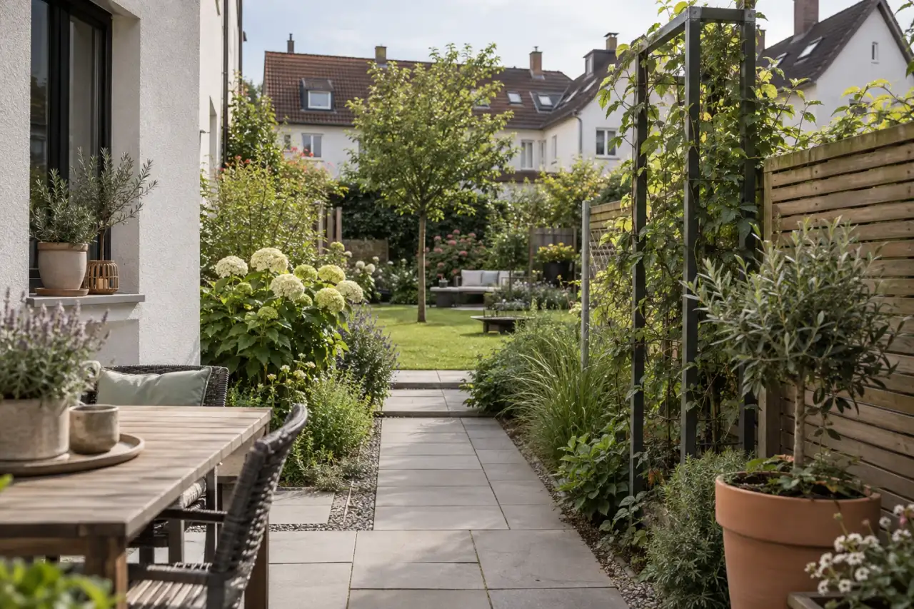 Ruhige Gartenachse mit klaren Linien und offenem Blick.