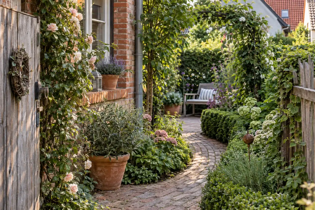 Weicher Gartendurchgang mit Hecke, Kletterpflanzen und verborgenem Sitzplatz.