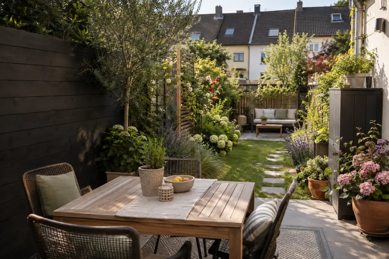 Schmaler Reihenhausgarten mit Terrasse, Pflanzung, Sichtschutz und hinterem Sitzplatz.