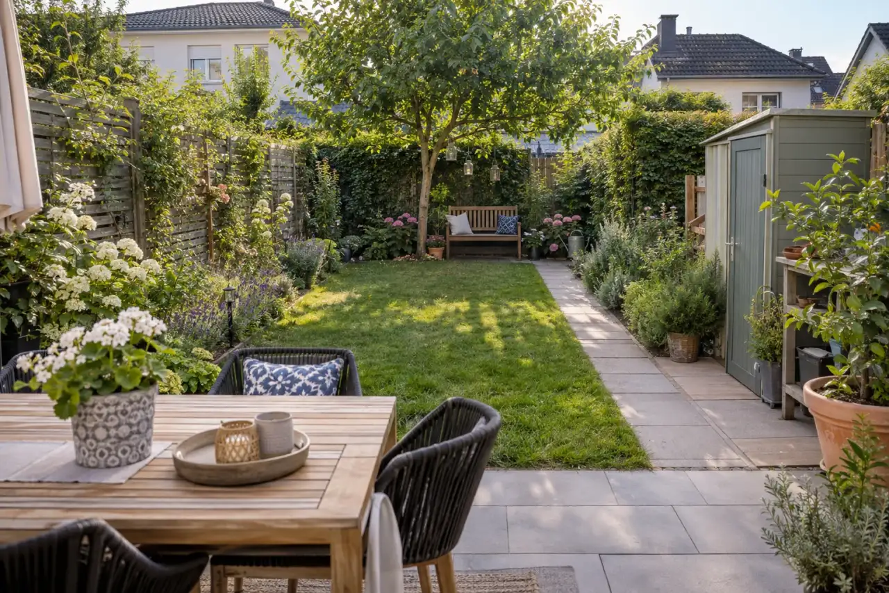 Gesamtszene mit Terrasse, Weg, Grünzone, Sichtschutz, Stauraum und Zielpunkt.