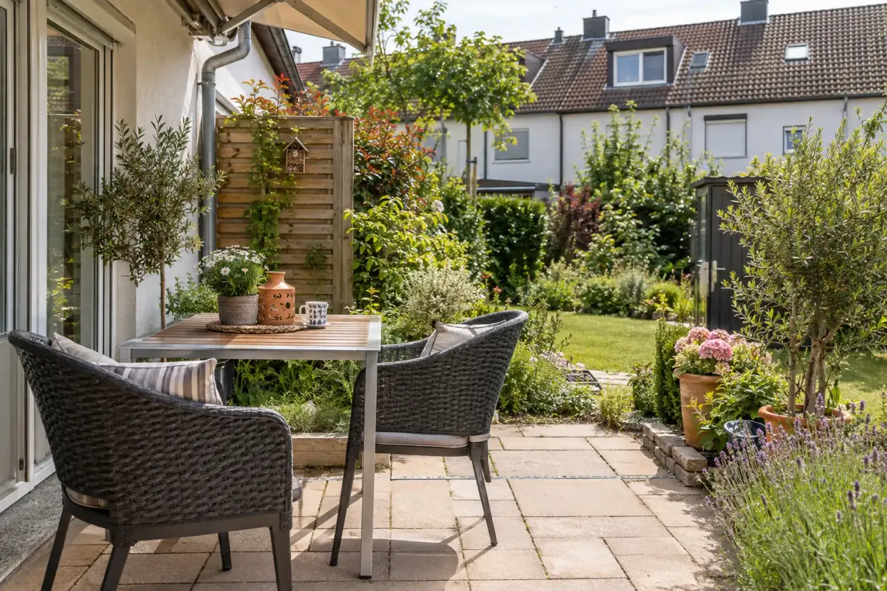 Kompakte Terrasse am Reihenhaus mit Tisch, Stühlen und Pflanzrand.