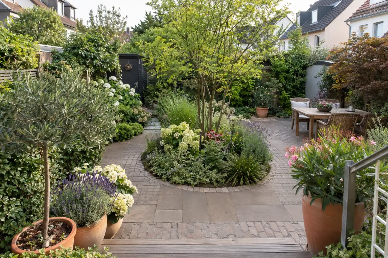 Rasenloser Garten mit zentraler Pflanzinsel und rundem Aufenthaltsbereich.