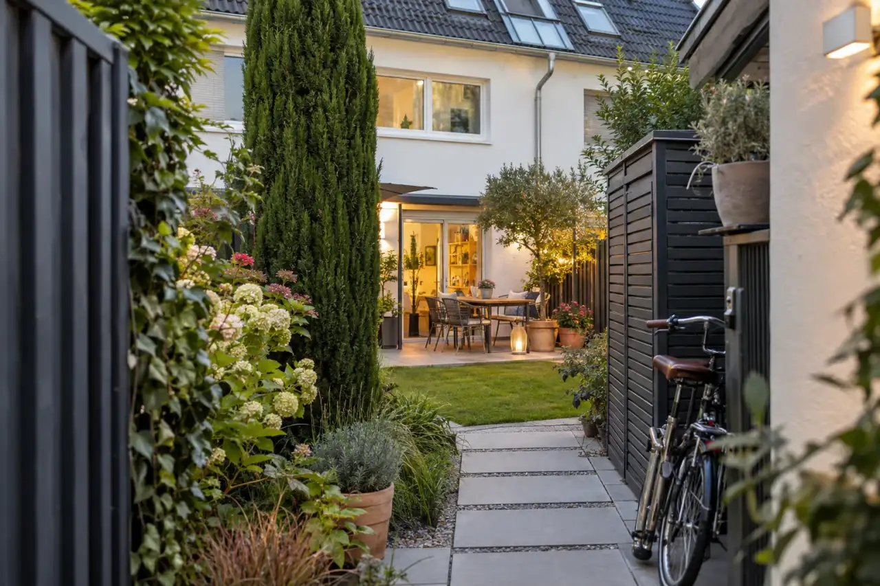 Seitlicher Blick auf eine kompakte moderne Gartenlösung mit Stauraum und Terrasse.