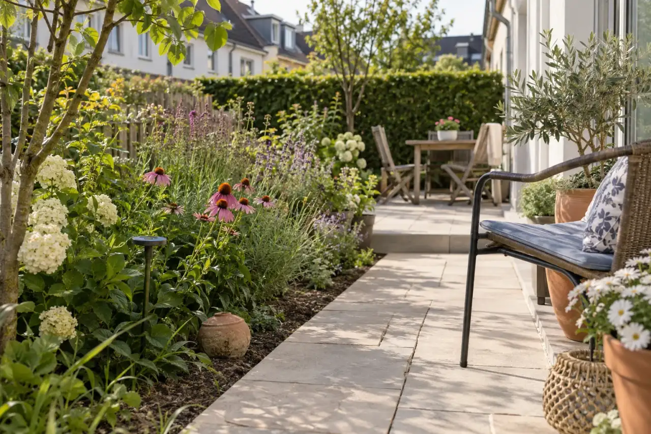 Heller Plattenbelag neben einer schmalen Pflanzung im Reihenhausgarten.