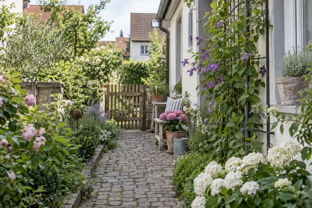 Kletterpflanzen begrünen ein schmales Spalier am Gartenweg.