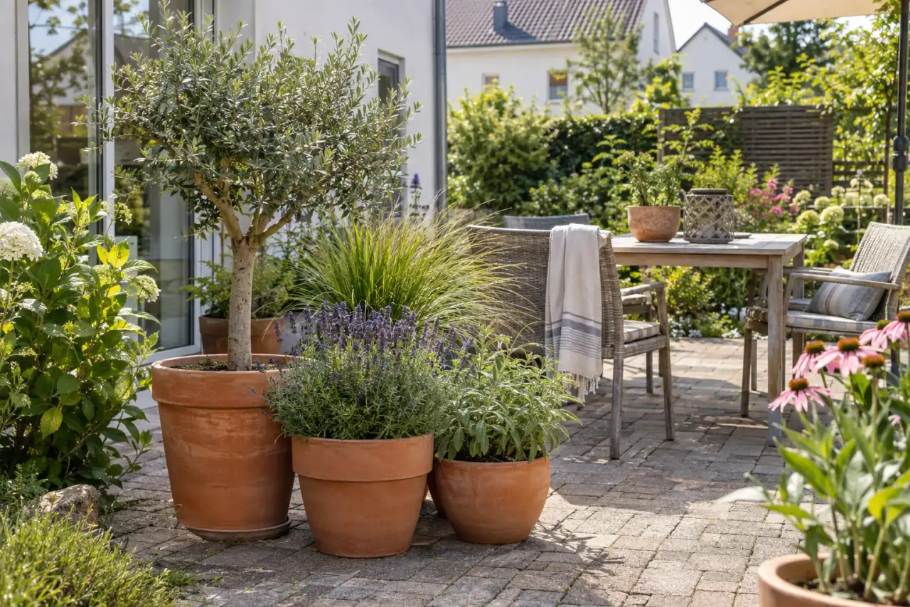 Terrakotta-Kübel mit Grün an einem kleinen Sitzplatz.