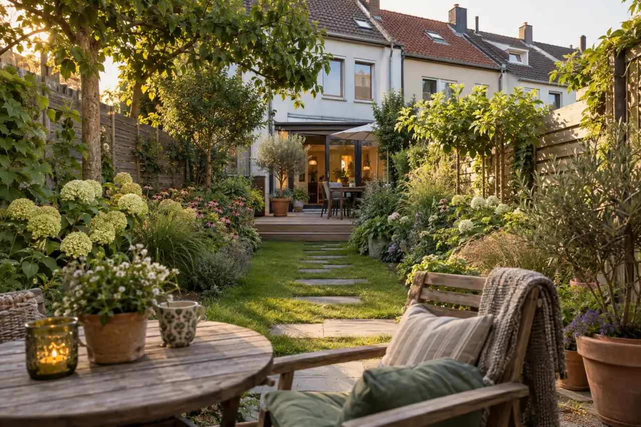 Ein wohnlicher, klar gegliederter Reihenhausgarten lädt zum Verweilen ein.
