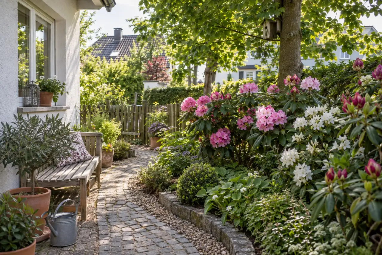 Wechselndes Licht fällt auf ein Rhododendronbeet am Gehölzrand.