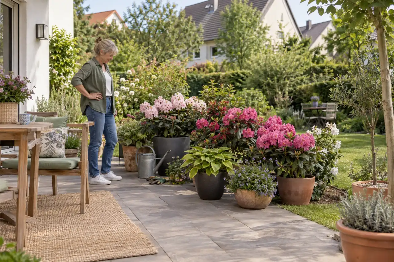 Lockere Staffelung von Rhododendren und Begleitpflanzen vor dem Einsetzen.