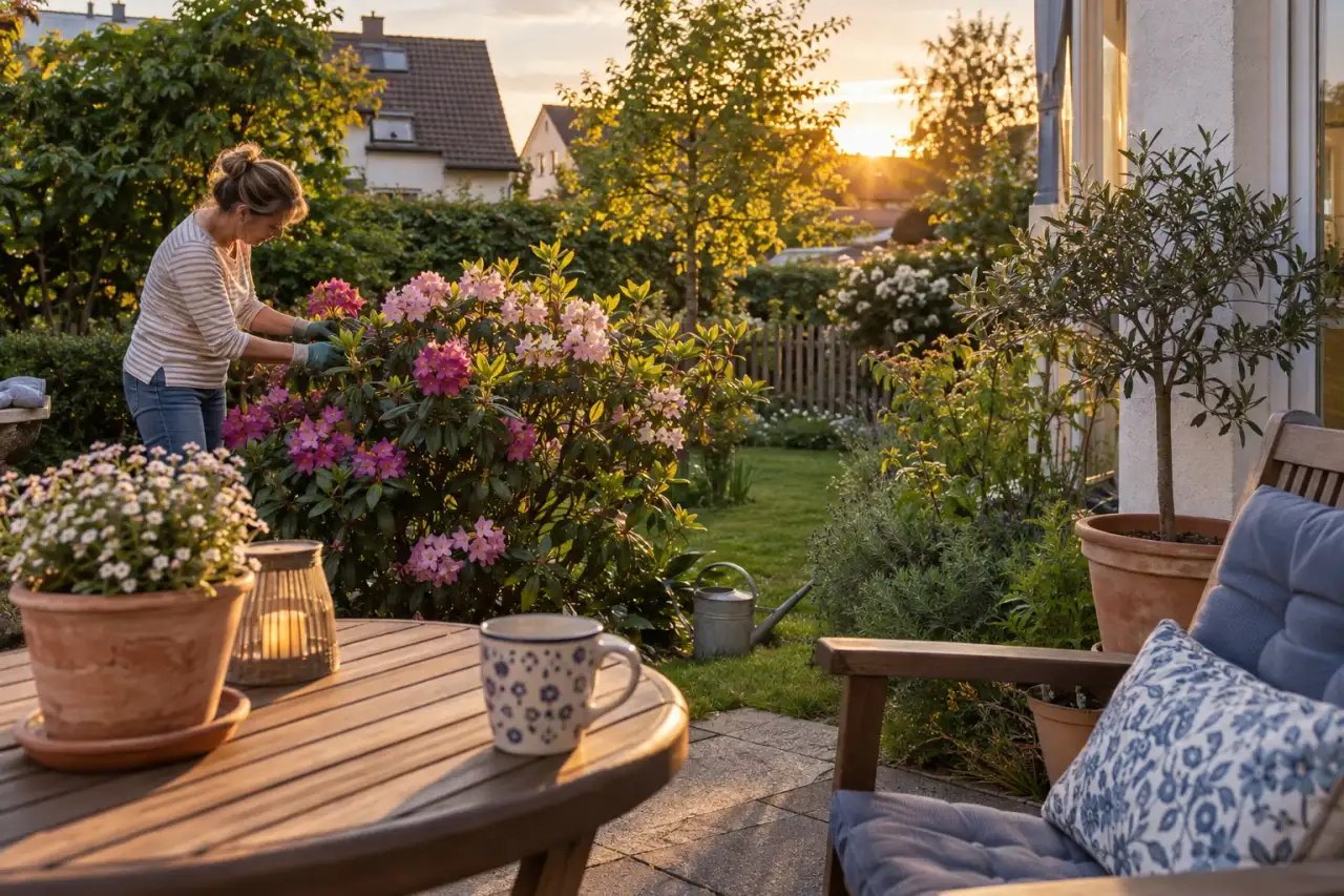 Abendlicht macht das Rhododendronbeet am Sitzplatz wohnlich.