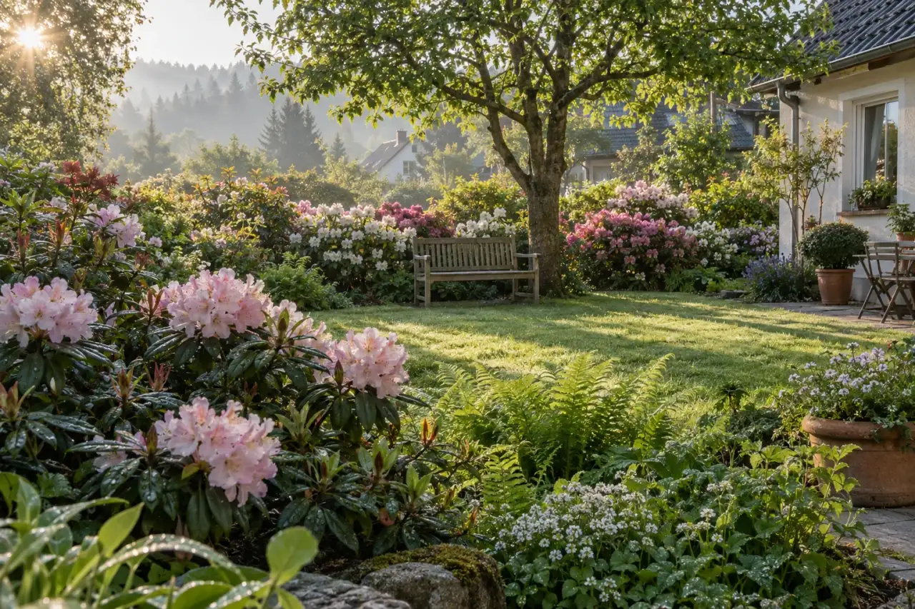 Frisches Morgenlicht liegt auf einem Rhododendronbeet.