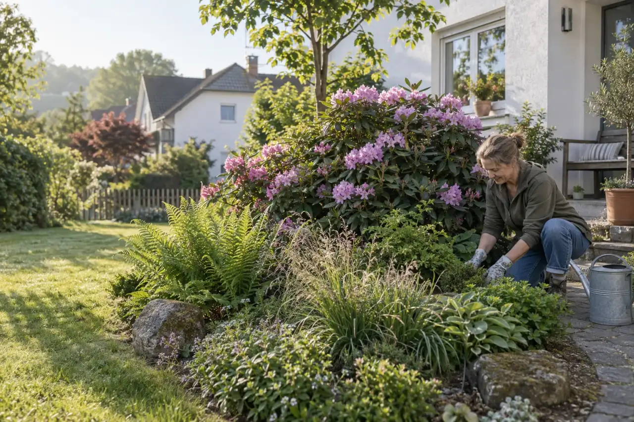 Ruhiges Rhododendronbeet mit Farnen vor einem Wohnhaus.