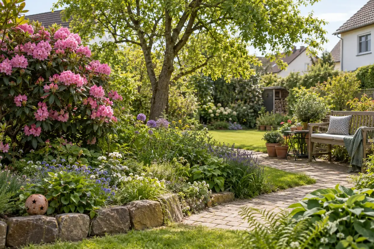 Rhododendronbeet mit Hauptgehölz, Vorderkante, Weg, Sitzplatz, Baumkulisse und Steinkante.