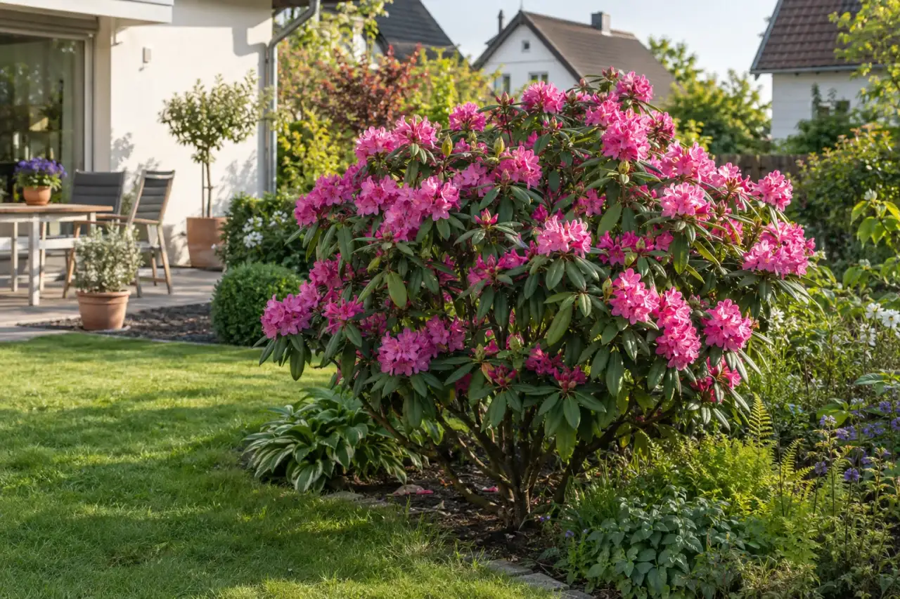 Rhododendron als klarer Mittelpunkt im Garten.