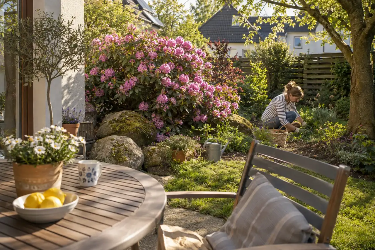 Rhododendroninsel mit Sitzplatz und moosigen Steinen.