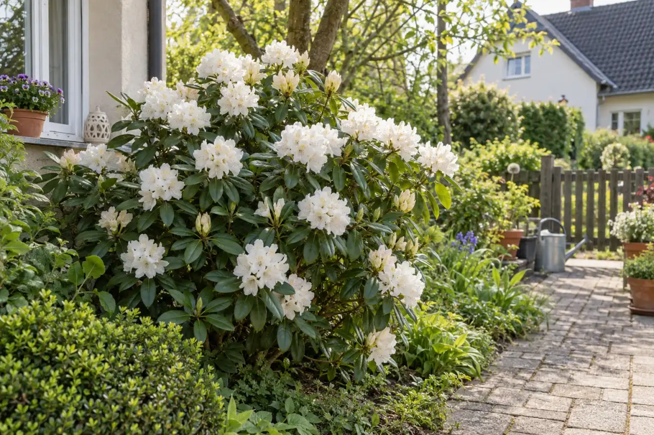 Rhododendron ‘Cunningham’s White’ mit weißen Blüten.