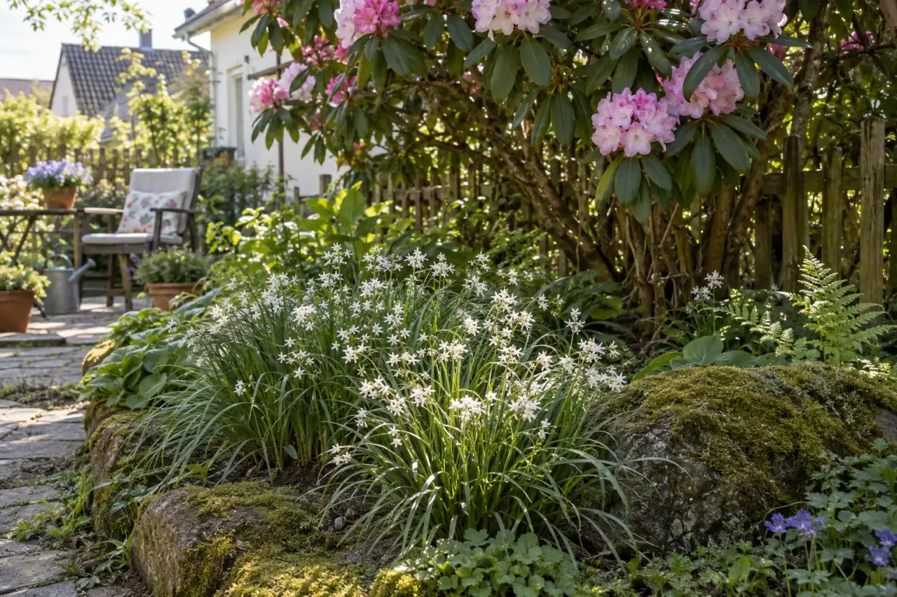 Schnee-Hainsimse mit hellen Blütenständen unter Rhododendren.
