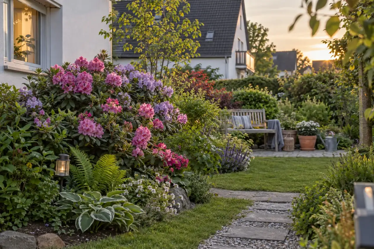 Fertiges Rhododendronbeet mit Sitzplatz und klarer räumlicher Wirkung.