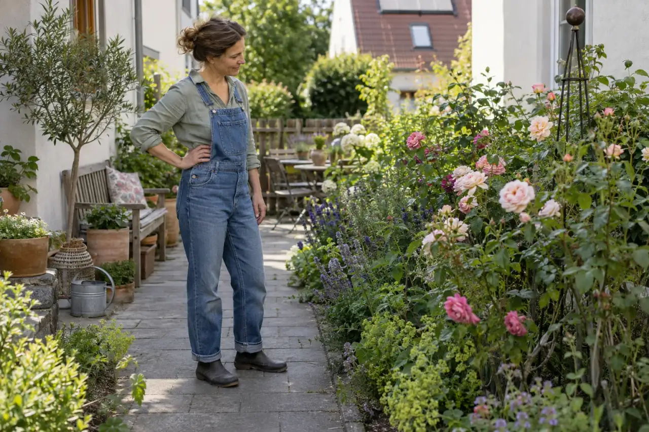 Gärtner betrachtet die Wirkung eines schmalen Rosenbeets