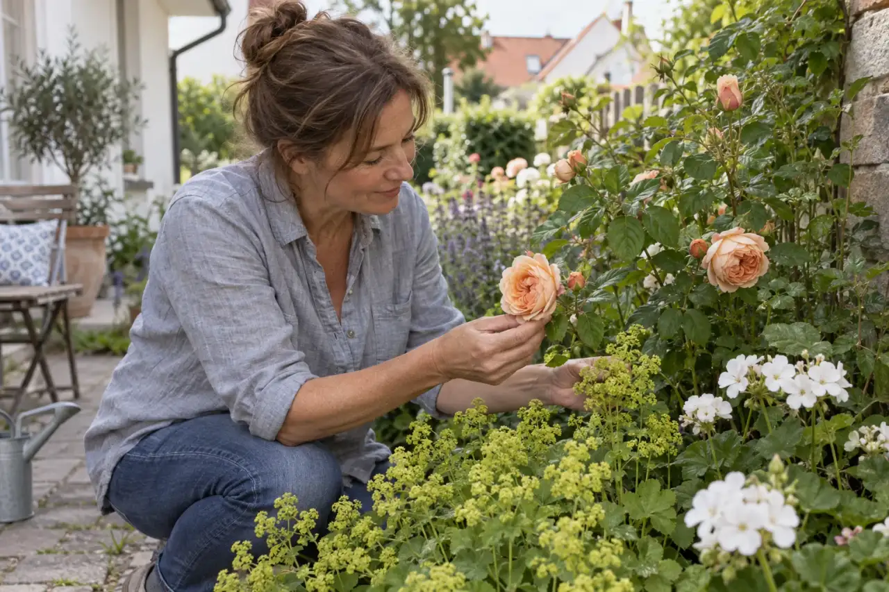 Rosenblüten und Begleitstauden werden im Beet abgestimmt