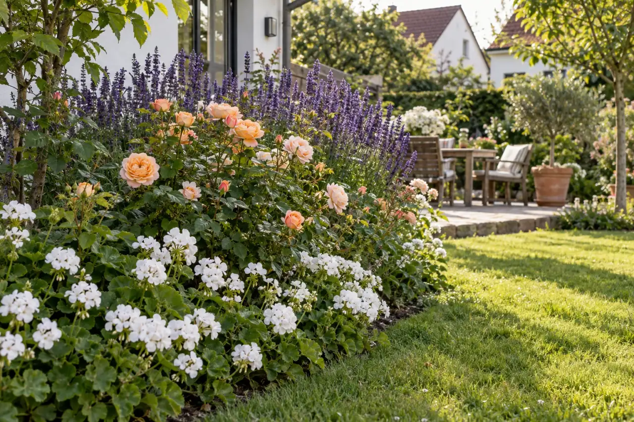 Niedrige, mittlere und höhere Pflanzen staffeln das Rosenbeet
