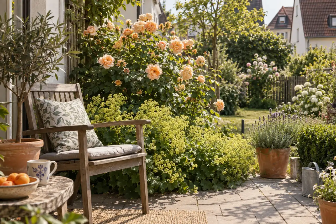 Warme Rosenpflanzung am Sitzplatz