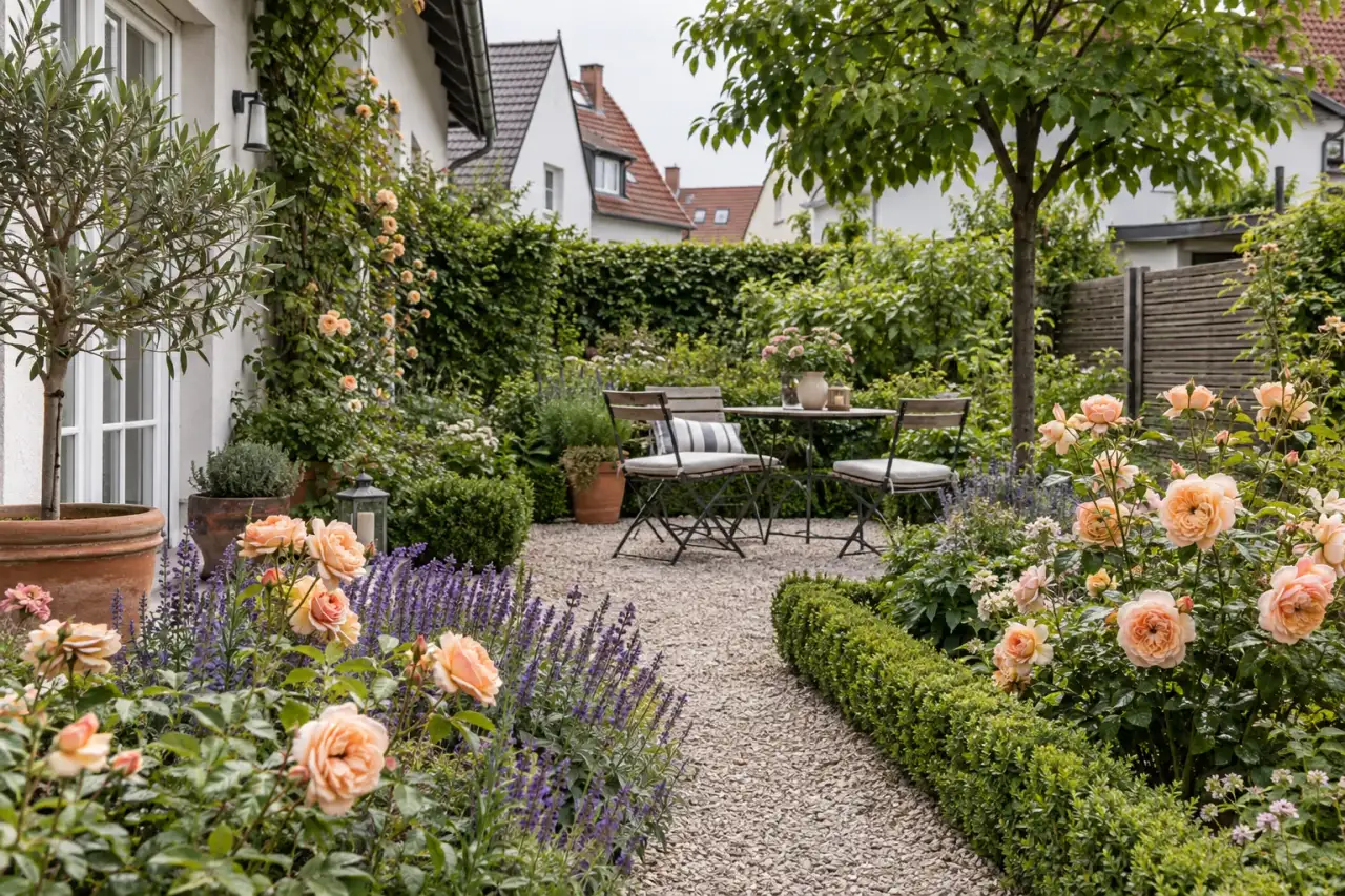 Klar gegliederter Gartenraum mit Rosen