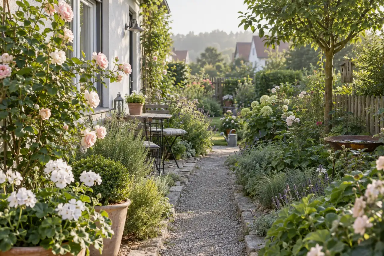 Ruhiges helles Rosenbeet am Weg